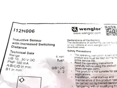 | Wenglor I12H006 Inductive Sensor w/ Increased 4mm Switching Distance, Flush - New
