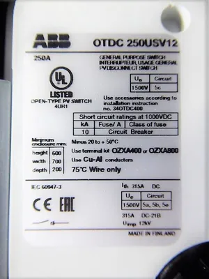 ABB OTDC 250USV12 General Purpose Switch 250A 1000VDC NEW NIB
