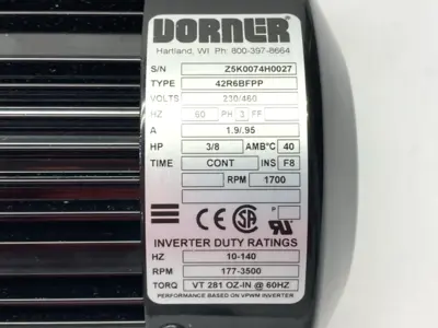 New | in-Stock Dorner Gearmotor 90° VFD 3-PH 10:1 Ratio 1.9/.95A 230/460V .38HP Gearmotors Michigan US | Maverick Industrial Sales #1400751