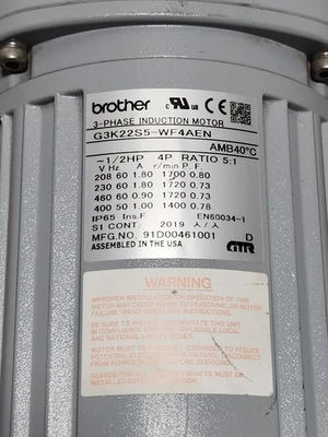 New | in-Stock Brother G3K22S5-WF4AEN Motors (misc) Indiana US | J&J Industrial Supply #1079088