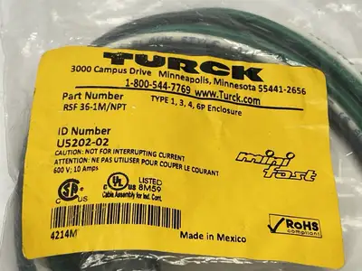 New | in-Stock TURCK ACTUATOR SENSOR RECEPTACLE 7/8" MALE 3-PIN 1M U5202-02 Valves/Fittings | Maverick Industrial Sales #1101814