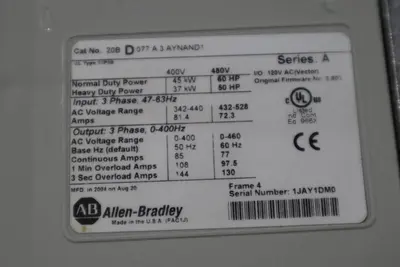 60 HP ALLEN BADLEY 20BD077A3AYNAND1 POWERFLEX 700 DRIVE STOCK 3366-A