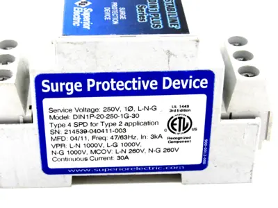 NEW SUPERIOR ELECTRIC DIN1P-20-250-1G-30 SURGE PROTECTOR DIN1P202501G30