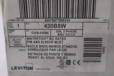 NEW IN BOX Leviton 430B5W 30A 3 PHASE 600V AC/CA STOCK H212