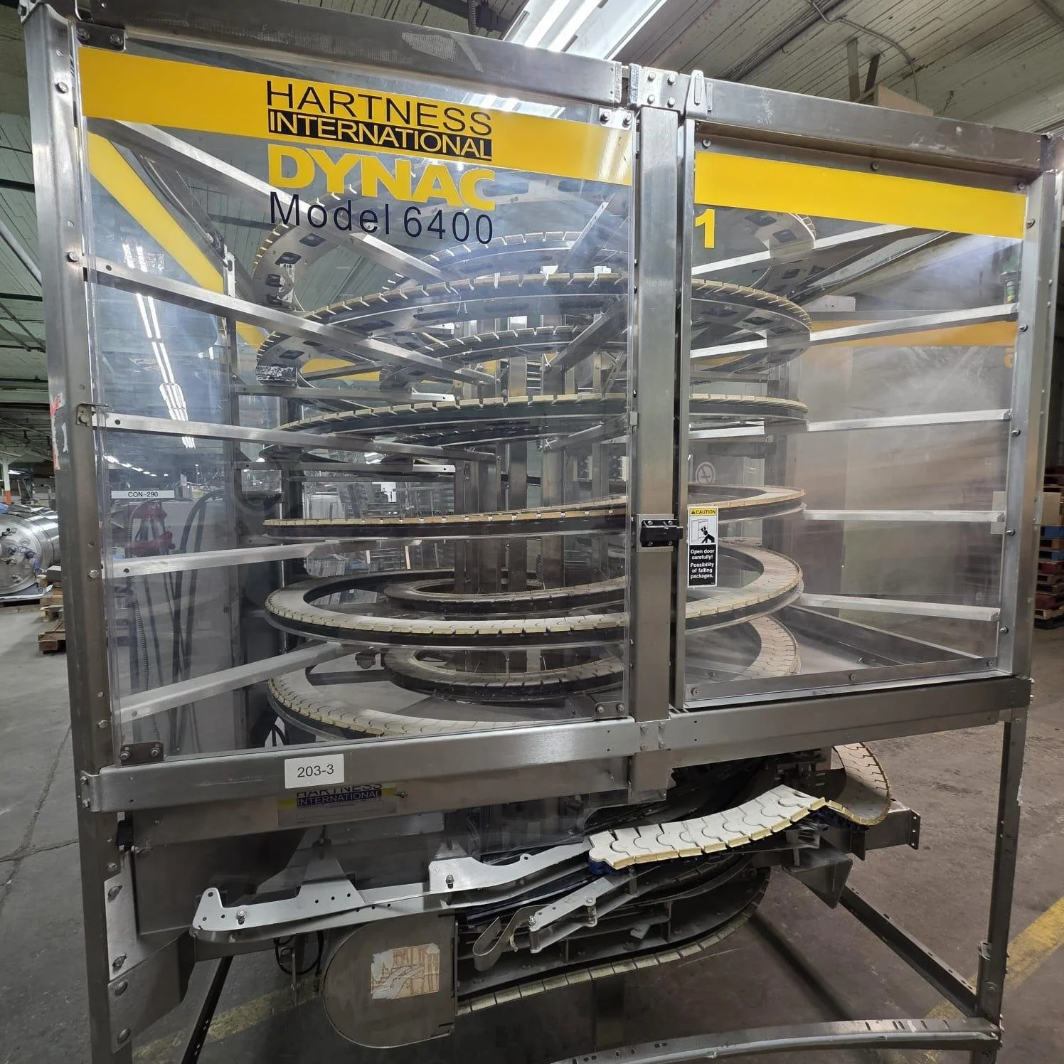 Hartness Dynac 6400Q Vertical Accumulation Conveyor Spiral First-In First-Out (FIFO) Accumulation Line # 5573