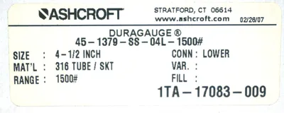 NEW ASHCROFT 45-1379-SS-04L-1500 DURAGAUGE 451379SS04L1500