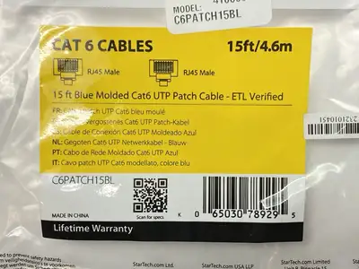 NEW STARTECH 15 FT BLUE MOLDED CAT6 UTP PATCH CABLE ETL VERIFIED