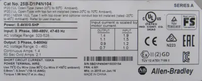 USED ALLEN BRADLEY 25B-D1P4N104 POWERFLEX 525 SER. A .5HP 25BD1P4N104