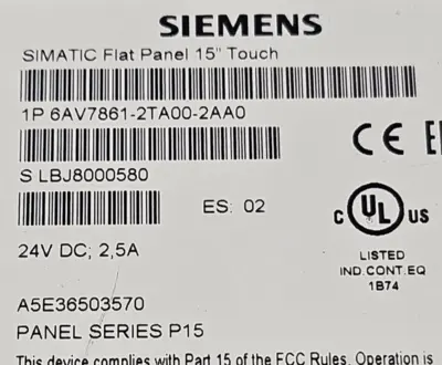 Siemens 1P 6AV7861-2TA00-2AA0 Simatic Flat Panel 15" Touch (BIN754)