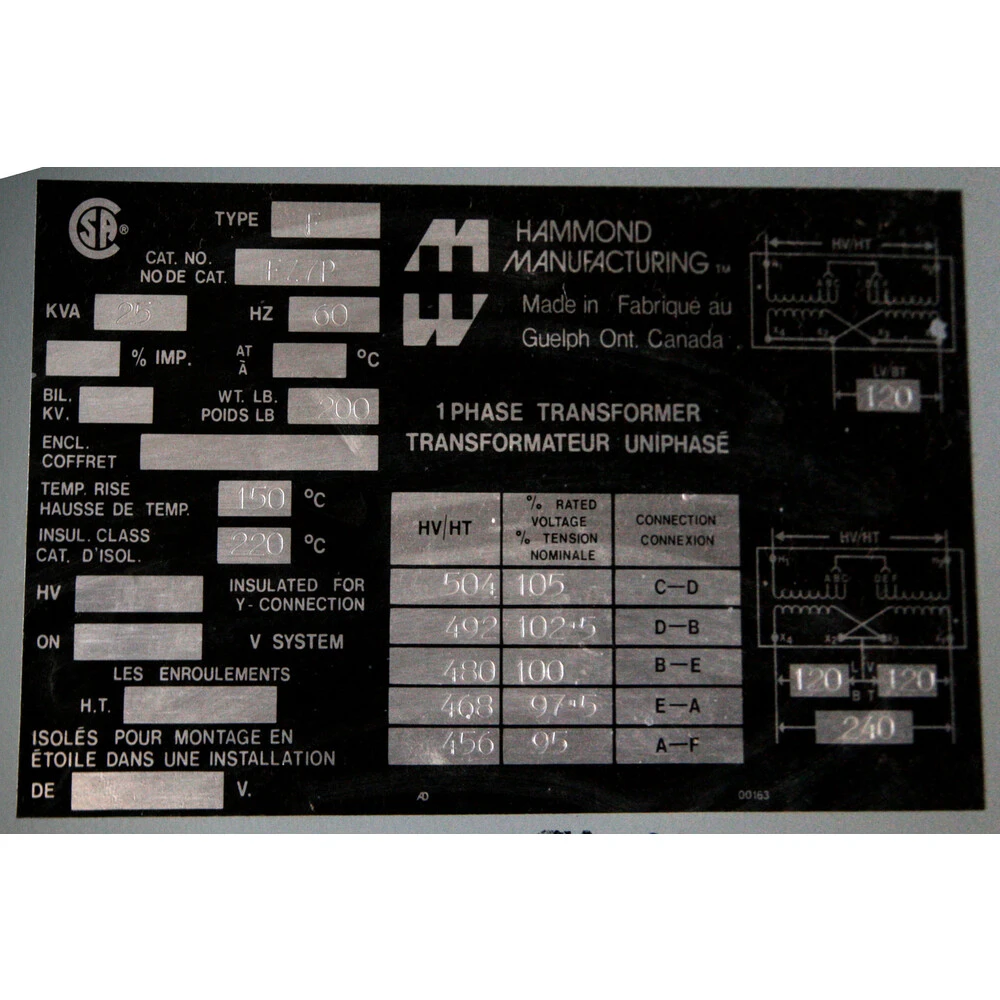 25 KVA Hammond 480 - 120/240 volt Transformer