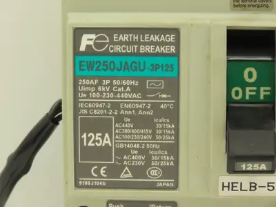 Fuji EW250JAGU-3P125 Earth Leakage Circuit Breaker 3-Pole 125A 100-440VAC
