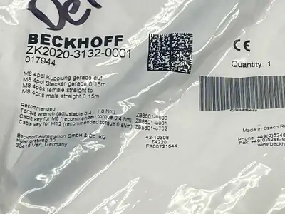 ZK2020-3132-0001, 017944 | Beckhoff ZK2020-3132-0001 Power Cable M/F M8 4-Pin 0.15M 017944 - New