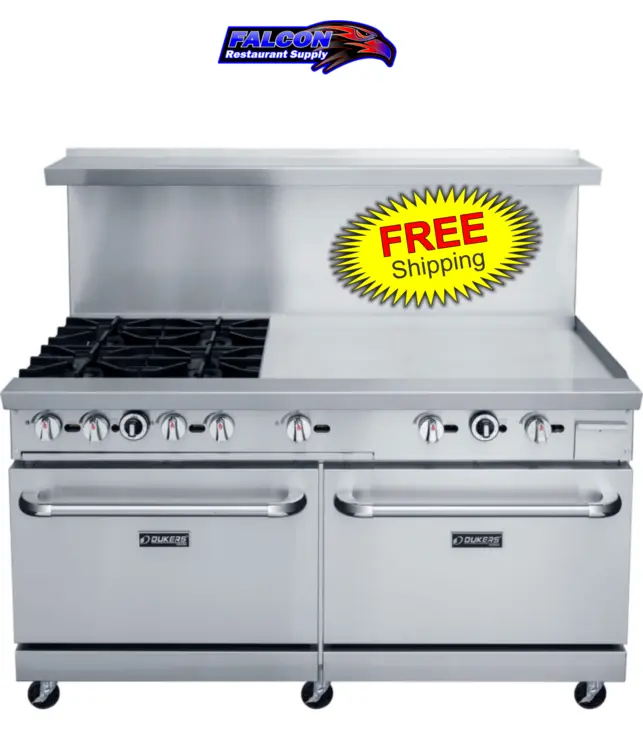 New | in-Stock Dukers New Dukers DCR60-4B36GM 60" Gas Range with Four (4) Open Burners & 36" Flat Top Griddle Commercial Ranges Illinois US | Falcon Restaurant Supply #1376264