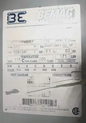 TRANSFORMER 480V - 240-120V 15KVA (single phase)