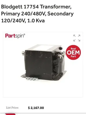 Blodgett 17754 Transformer, Primary 240/480V, Secondary 120/240V, 1.0 Kva
