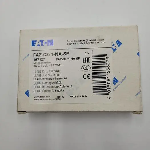 New | in-Stock EATON EATON CIRCUIT BREAKER FAZ-C3/1-NA-SP 3A 1 POLE 277 VAC 167127 Circuit Breakers | ND Industrial Surplus #1221889