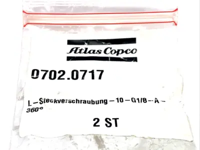 702.0717, 0702.0717 | Atlas Copco 0702.0717 Elbow L Push Connect Fitting, 10mm Tube x G1/8", LOT OF 2 - New