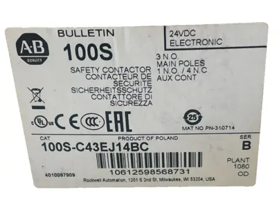 ALLEN BRADLEY 100S-C43EJ14BC SAFETY CONTACTOR SER. B 100SC43EJ14BC NEW, SURPLUS