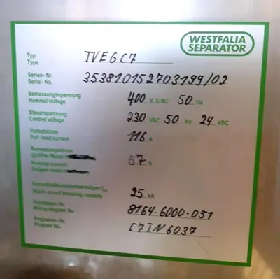 Westfalia CRA 160-96-076 hermetic super-clarifier, SS.