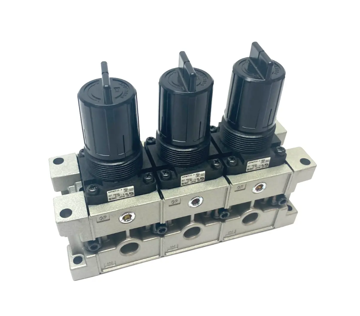 USED SMC MODULAR 3-REGULATOR MANIFOLD 1/4" NPT