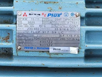 15 hp, 230/460 volts, 3525 rpm, 254T Electric Motor