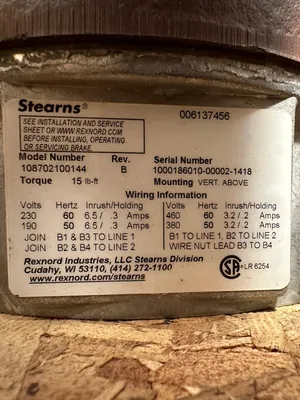 Stearns 108702100144 Rev. B Electric Brake 15lb-ft (1A-41)