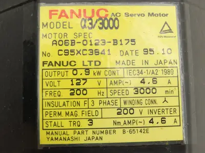 Fanuc A06B-0123-B175 AC Servo Motor 0.9kW 127V 3Ph 3000RPM Encoder A8600360T201