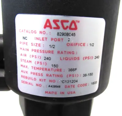 NEW ASCO 8290B045 PISTON VALVE 1/2'