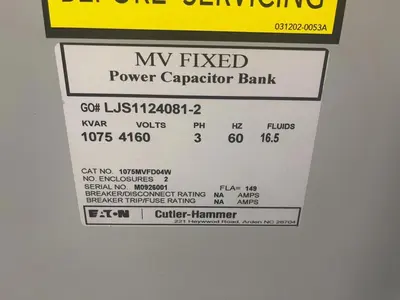 Eaton Cutler Hammer MV Fixed Power Capacitor Bank 1075 KVAR 4160 V 1075MVFD04W