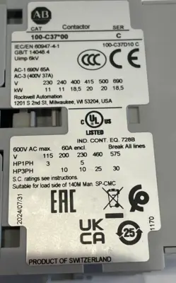ALLEN BRADLEY 100-C37D10 CONTACTOR SER.C 100C37D10 NEW, SURPLUS
