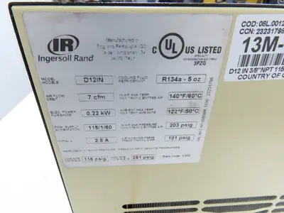 Ingersoll Rand D12IN Refrigerated Air Dryer 7cfm 101psi .22kw 115V Non-Cycling