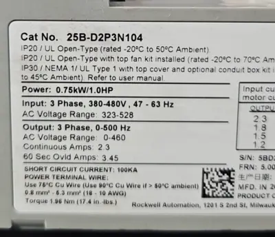 Allen Bradley 25B-D2P3N104 Ser A Drive PowerFlex 525 (BIN411)