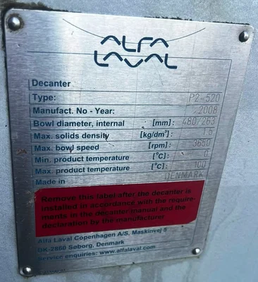 Alfa-Laval P2-520 tricanter centrifuge, 316SS.