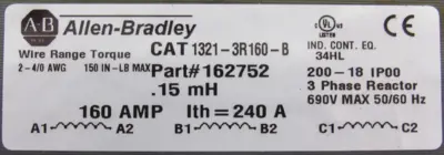 ALLEN BRADLEY 1321-3R160-B LINE REACTOR 162752 SER. A 13213R160B NEW SURPLUS