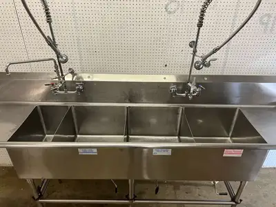 Used Falcon Restaurant Supply Used 108" Stainless 4 compartment Sink with 2 Sprayers and Twist Drains - FG Sinks Illinois US | Falcon Restaurant Supply #1374934