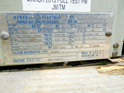 Used GE VB 7.2-500-3 Circuit Breakers Ohio US | Equipment Recovery Corp. #1331721
