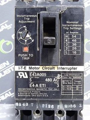 ITE E43A005 Motor Circuit Interrupter 5 Amps Circuit Breaker 480VAC 3 Pole Used