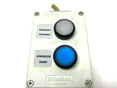 USED SIEMENS PLASTIC ENCLOSURE W/ BLUE & WHITE LED PUSHBUTTONS