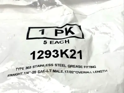 1293K21 | Grease Fitting, Striaght, 303 SS, 1/4"-28 SAE-LT Male, 17/32" OAL, 5-PK - New Other