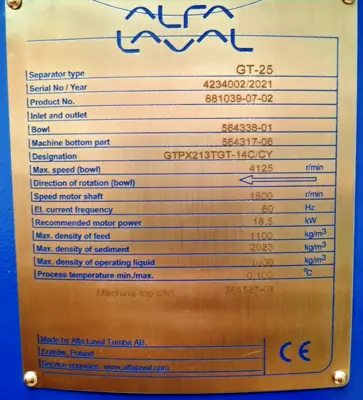 Alfa-Laval GT-25 (GTPX 213 TGT-14C) oil purifier, 316SS.