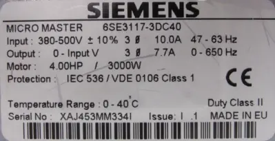 USED SIEMENS 6SE3117-3DC40 MICROMASTER DRIVE 4HP 6SE31173DC40