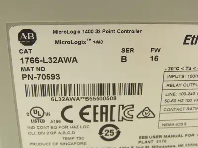 Allen Bradley 1766-L32AWA MicroLogix 1400 Controller Module 32Pt Series B FW 16