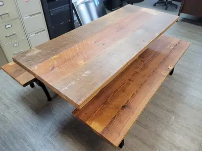 Used FalconRestaurantSupply Used Beautiful Reclaimed Wood Table with 2 Benches - Pine Restaurant Equipment (Miscellaneous) Illinois US | Falcon Restaurant Supply #1376824