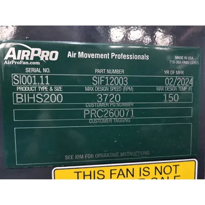 New | in-Stock AIR PRO FAN BIHS200 Centrifugal Fans West Virginia US | JM Industrial #1323296