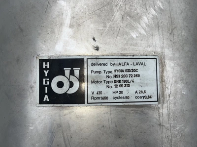 720 LPM Alfa laval S/S Centrifugal Type HYGIA S111 15 kW pump