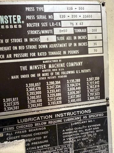 Used 1981 MINSTER E2-200-72-42 Straight Side Presses Michigan US | S & G Press and Machinery Sales #76296