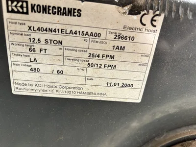 Konecranes XL400 12.5 Ton Electric Cable Hoist 66 ft height XL404N41ELA415AA00