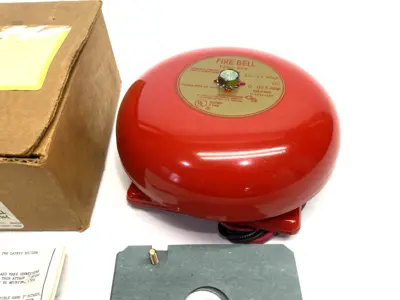 USED EDWARDS SIGNALING FIREBELL FIRE ALARM BELL, VIBRATING, RED, 6" DIA.