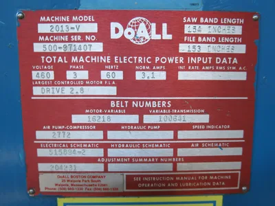 Doall 2013-V Vertical Bandsaw with Air Feed Table