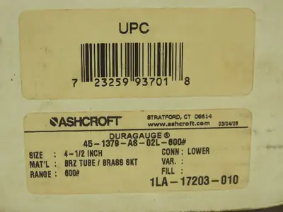 Ashcroft 45-1379-AS-02L-600# Duragauge Pressure Gauge 0-600PSI 4.5" Case 1/4"NPT